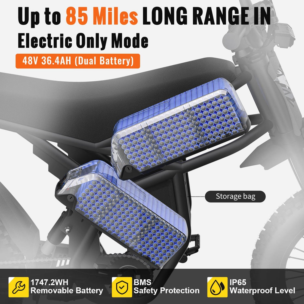 Upgraded Winter Ebike for Adults, 50MPH 60V 3000W / 37MPH 48V 2400W Eectric Dirt Bike, 36.4AH Dual Battery Dirtbike Up to 85 Miles, 25" Motorcycle Tire, UL2849 All Terrain E Bike Full Suspension