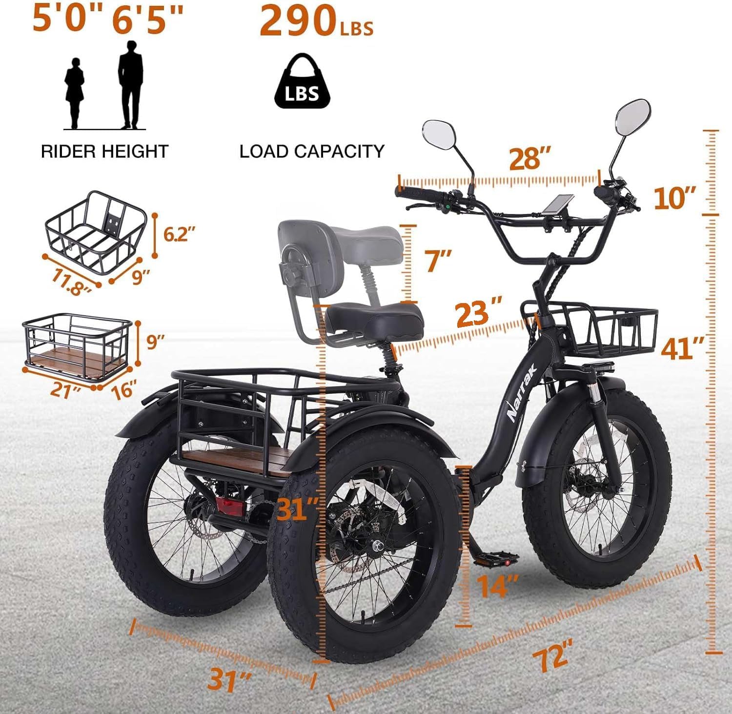 Electric Tricycle for Adults, 750W(Peak 1350W), 48V13Ah Ebike, 20"x4.0" Aluminum Folding Fat Tire 3 Wheel Electric Trike, Max 20MPH Hydraulic Brake, Rear Motor Differential