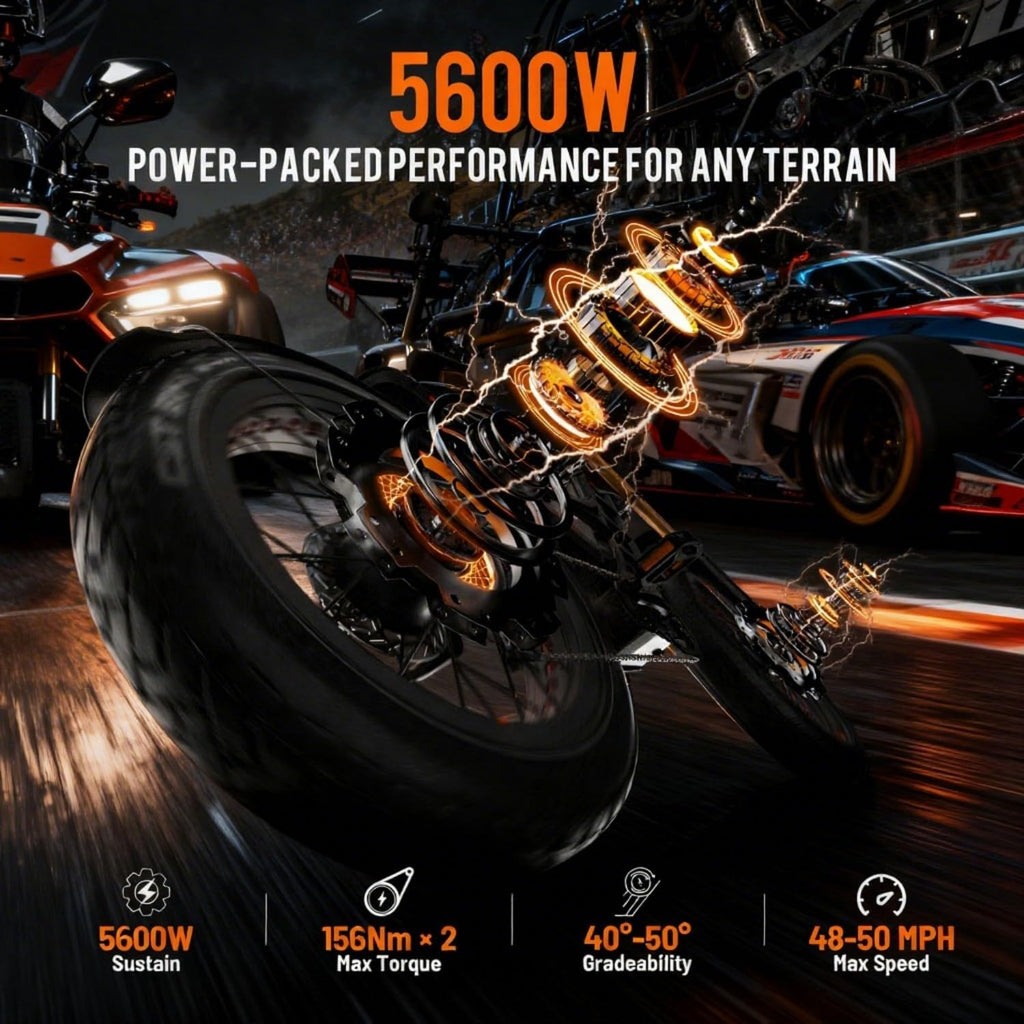eAhora Romeo Pro 3 Peak 5600W Electric Bike for Adults Top Speeds Up To 50Mph, 60V 80Ah Battery 250 Miles, Long Range Dual Motors, Fat Tire Full Suspension