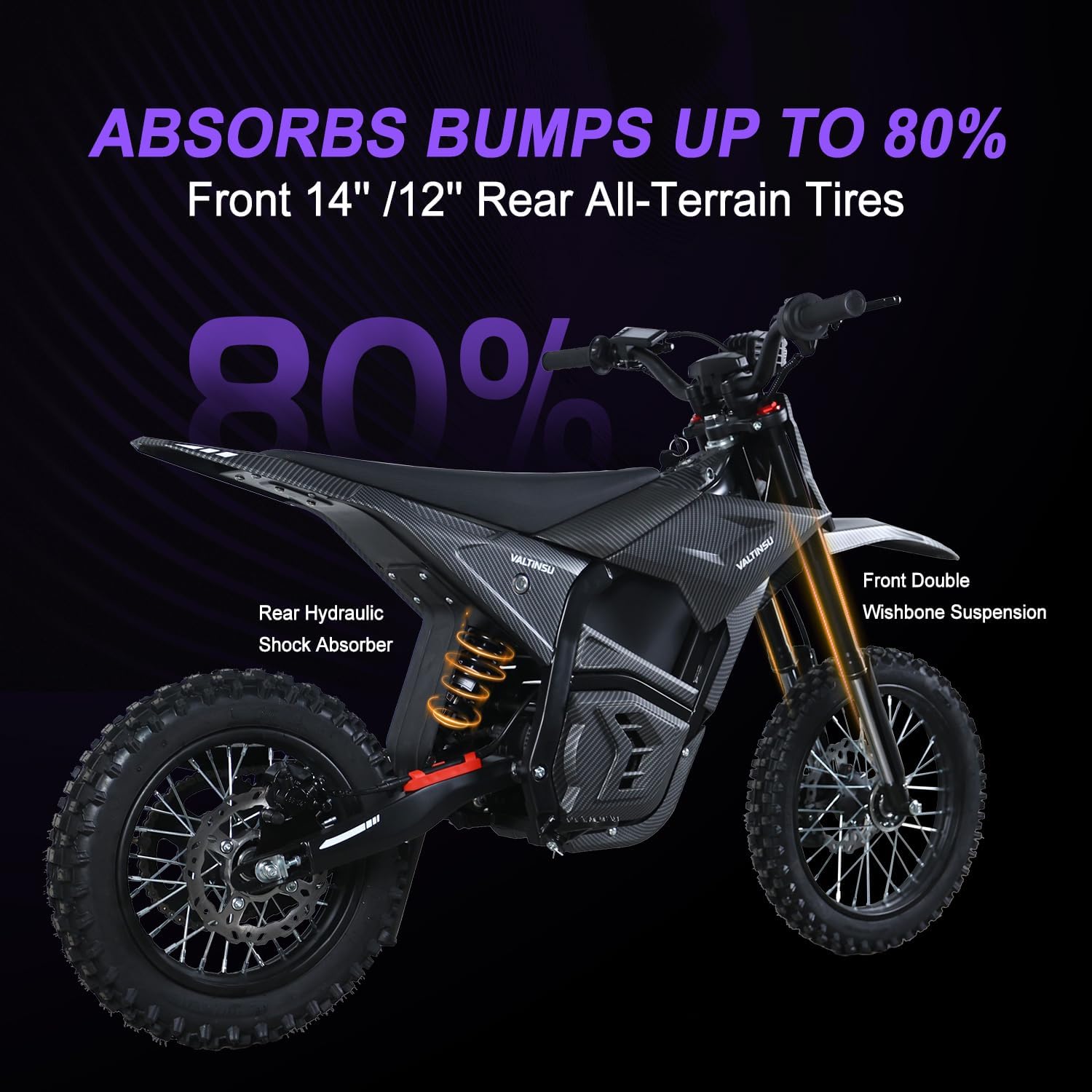 EM5 Electric Dirt Bike w/Light & Display, Off-Road Motorcycle 2600W 3 Speed Modes (Max 40MPH) 48V Range 53MI, 14"/12" Tires, Dual Suspension & Hydraulic Brakes Fit Age 13+, Carbon Fiber Style