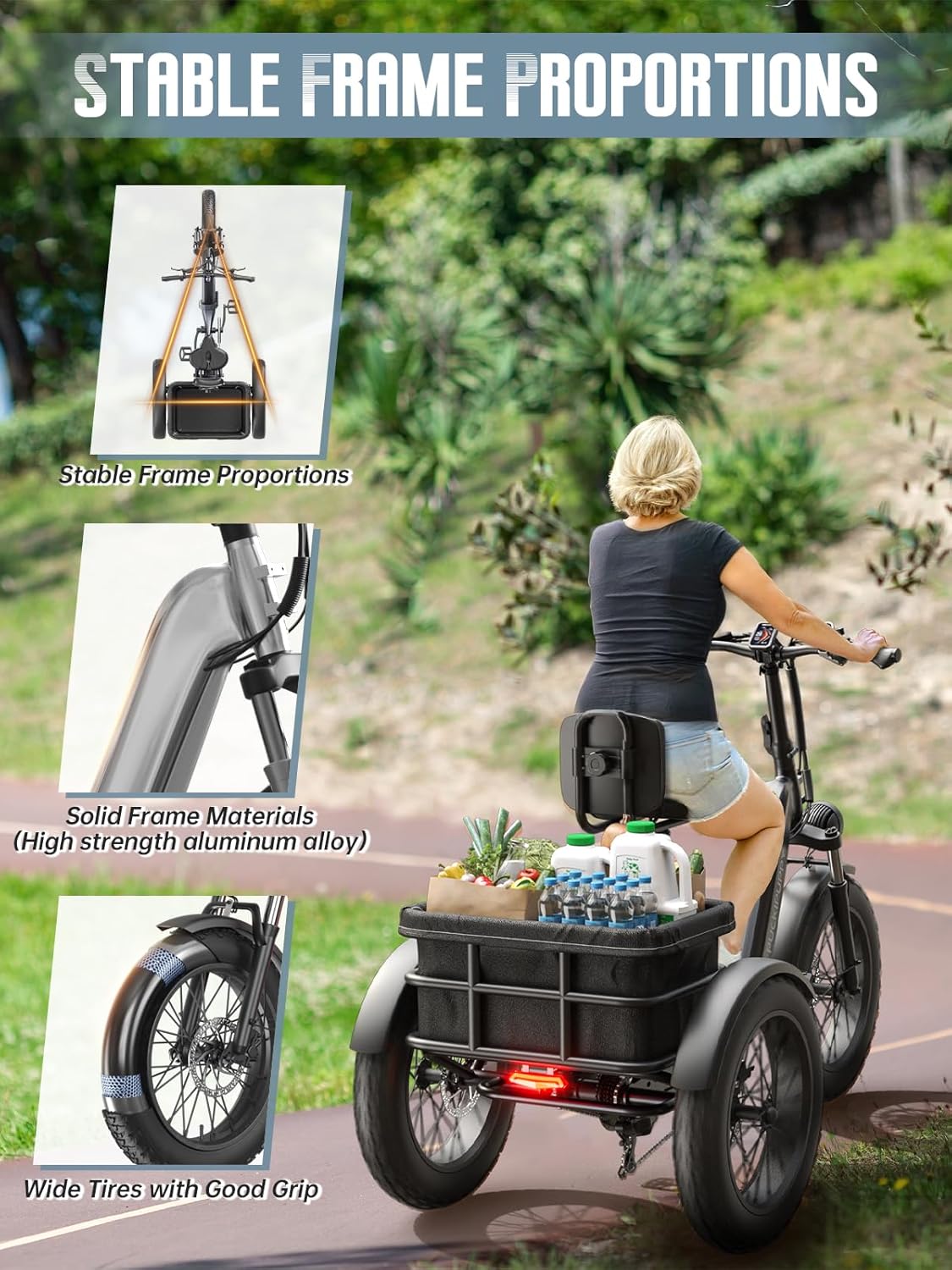 Dual Battery Electric Tricycle with 110-Mile High Range, 960W Peak Motor Pickup Class Trike, 500lb Load Capacity, 20'' Fat Tires and Large Basket for City and Mountain Trails, Husky Plus