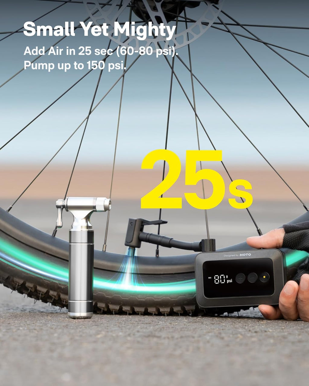 HOTO Mini Bike Tire Pump, 25s Fast Inflate Bicycle Pump with Guage, 150PSI Portable Electric Bike Air Pump with Presta and Schrader Valve for Road Bike, Motorcycle, Mountain Bike, Car, Sports Ball