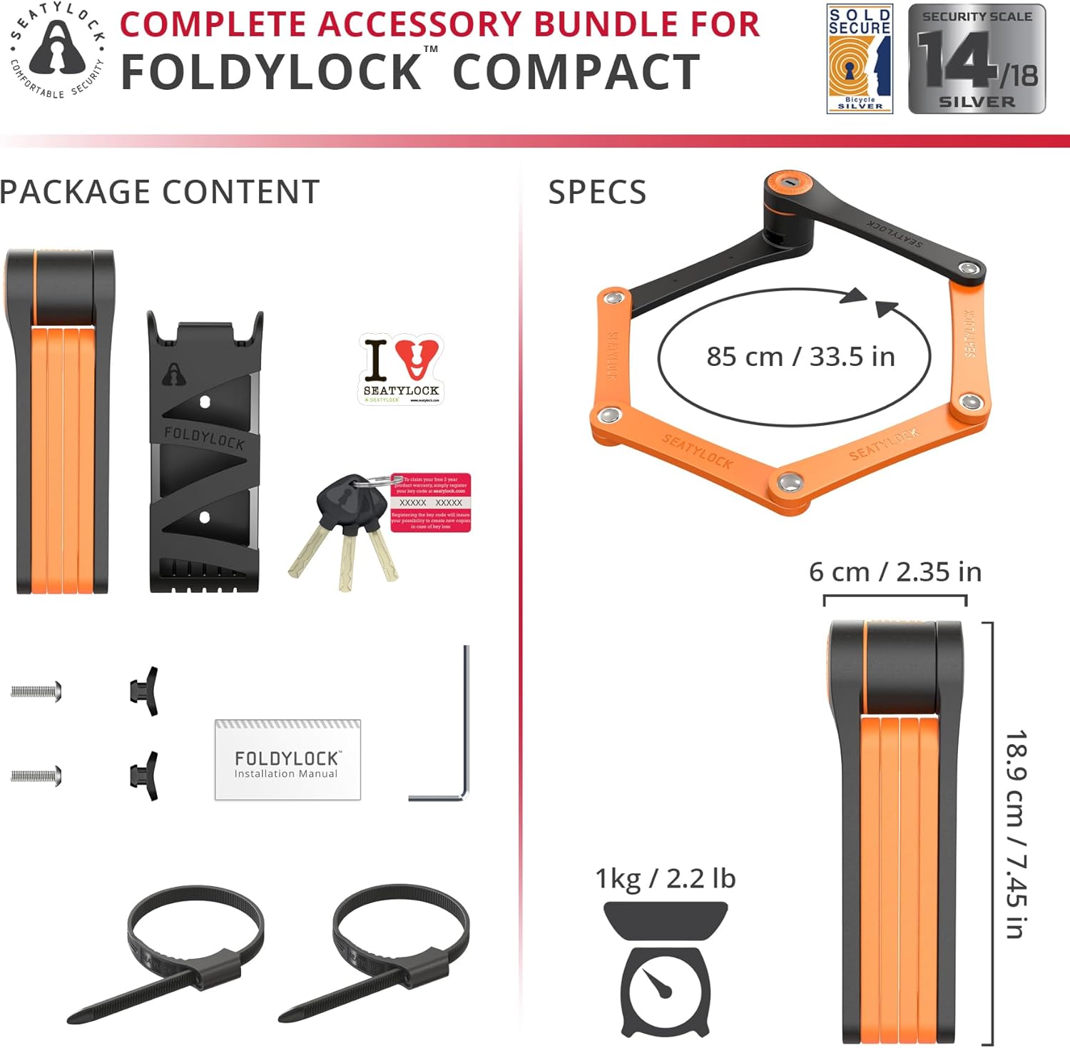 Seatylock FoldyLock Compact Folding Bike Lock - Award Winning Patented Lightweight High Security Bicycle Lock - Heavy Duty Anti Theft Smart Secure Guard with Keys & Case for Bikes or Scooters