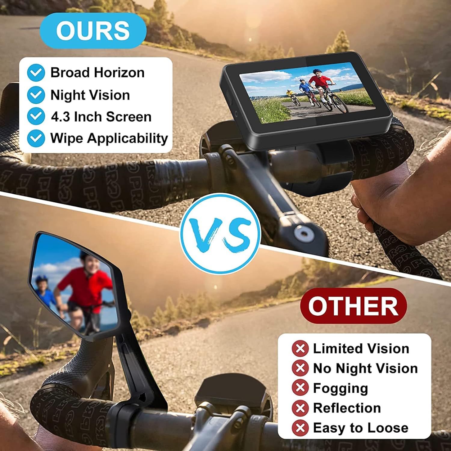 PARKVISION Bike Rear View Mirror, 1080P AHD Bicycle Rear View Camera with 4.3''Screen, 360°Rotatable Bracket, 5000mAh Battery Bike Handlebar Mirror with 110°Appropriate Angle for Most Bikes