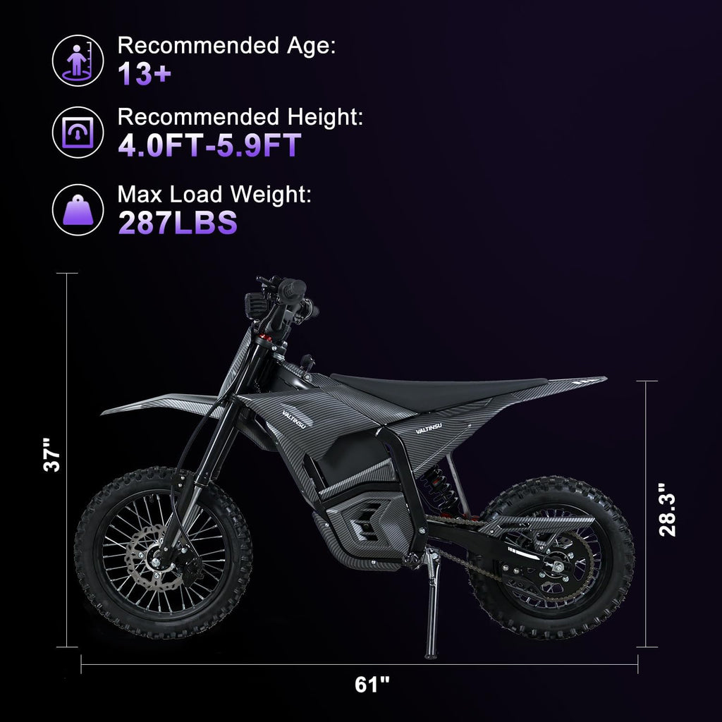 EM5 Electric Dirt Bike w/Light & Display, Off-Road Motorcycle 2600W 3 Speed Modes (Max 40MPH) 48V Range 53MI, 14"/12" Tires, Dual Suspension & Hydraulic Brakes Fit Age 13+, Carbon Fiber Style