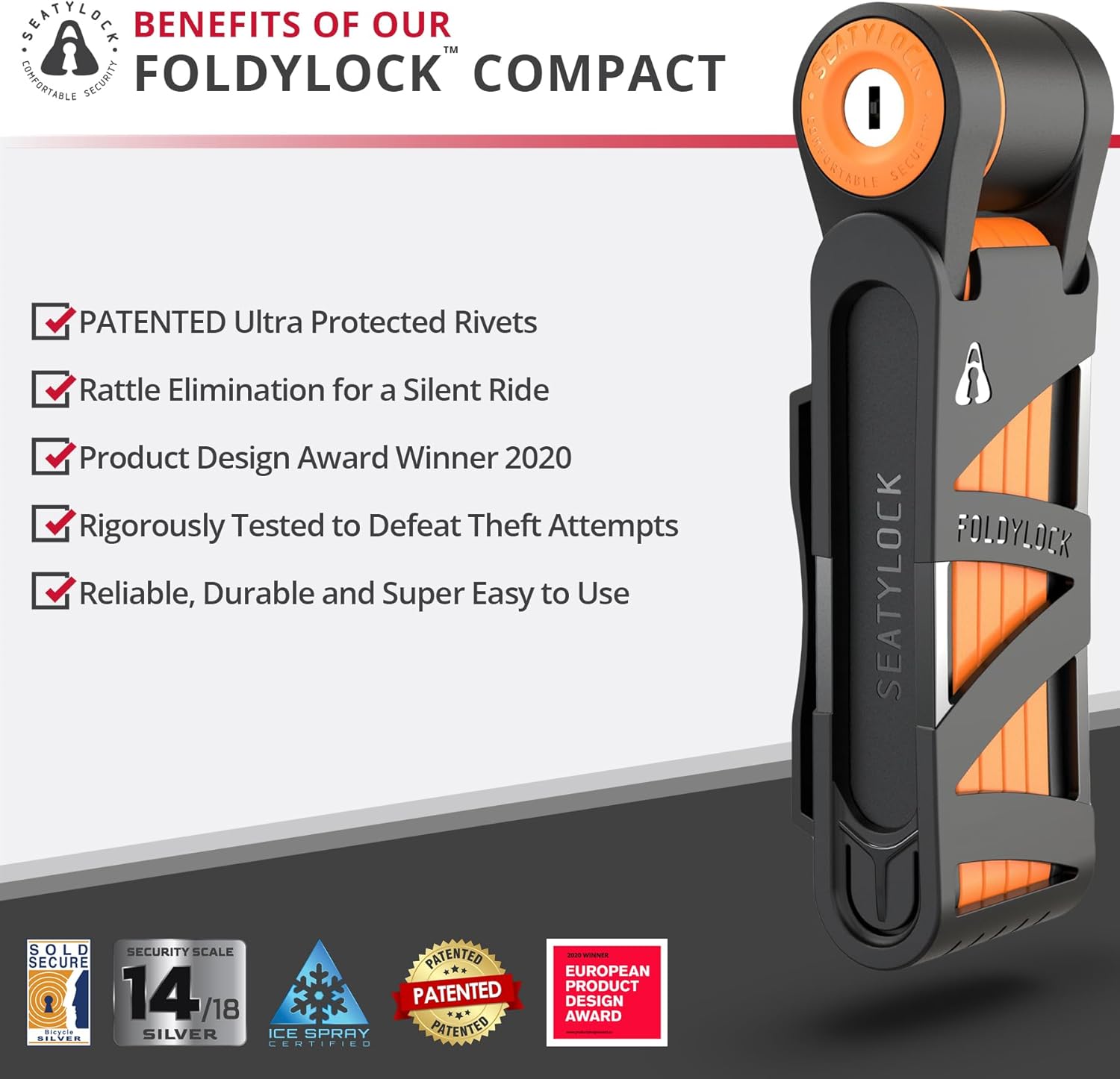 Seatylock FoldyLock Compact Folding Bike Lock - Award Winning Patented Lightweight High Security Bicycle Lock - Heavy Duty Anti Theft Smart Secure Guard with Keys & Case for Bikes or Scooters