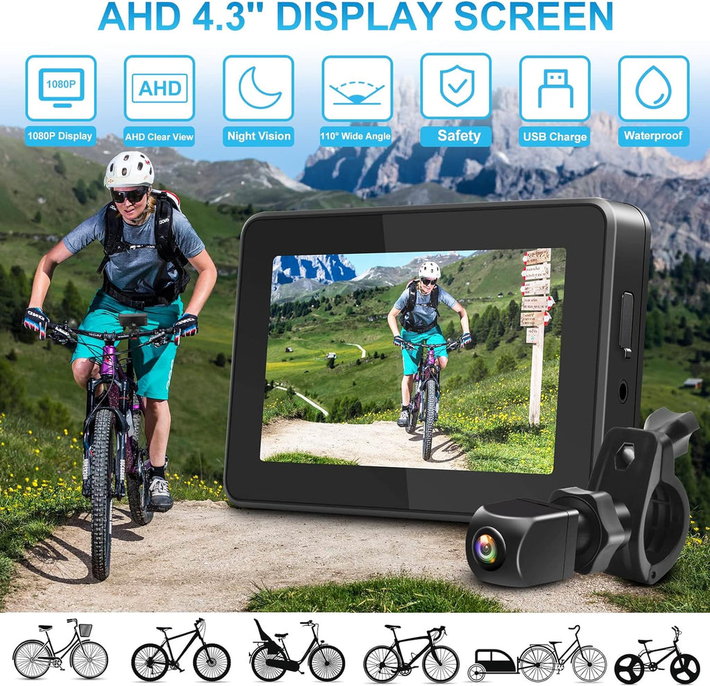 PARKVISION Bike Rear View Mirror, 1080P AHD Bicycle Rear View Camera with 4.3''Screen, 360°Rotatable Bracket, 5000mAh Battery Bike Handlebar Mirror with 110°Appropriate Angle for Most Bikes