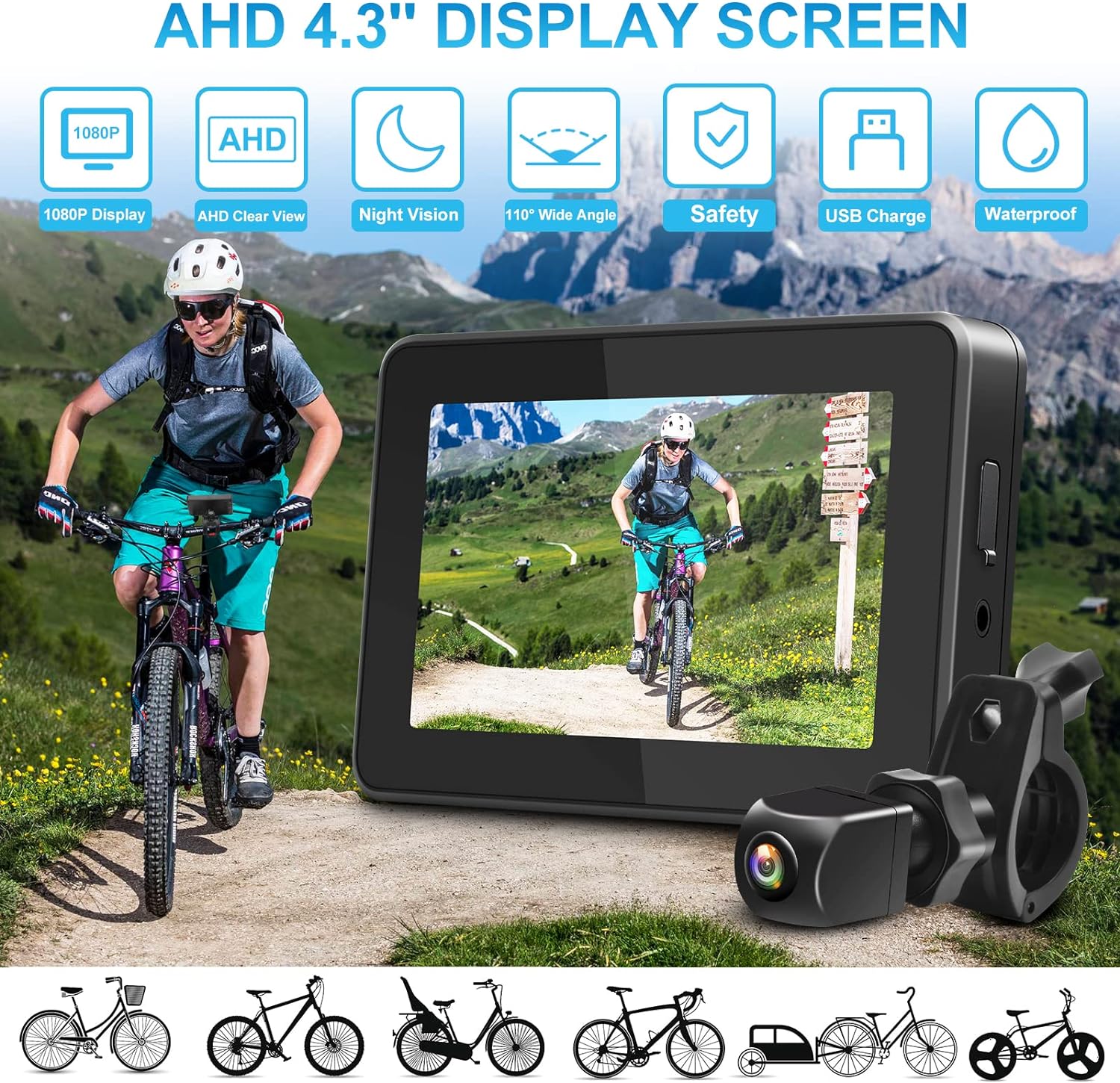 PARKVISION Bike Rear View Mirror, 1080P AHD Bicycle Rear View Camera with 4.3''Screen, 360°Rotatable Bracket, 5000mAh Battery Bike Handlebar Mirror with 110°Appropriate Angle for Most Bikes