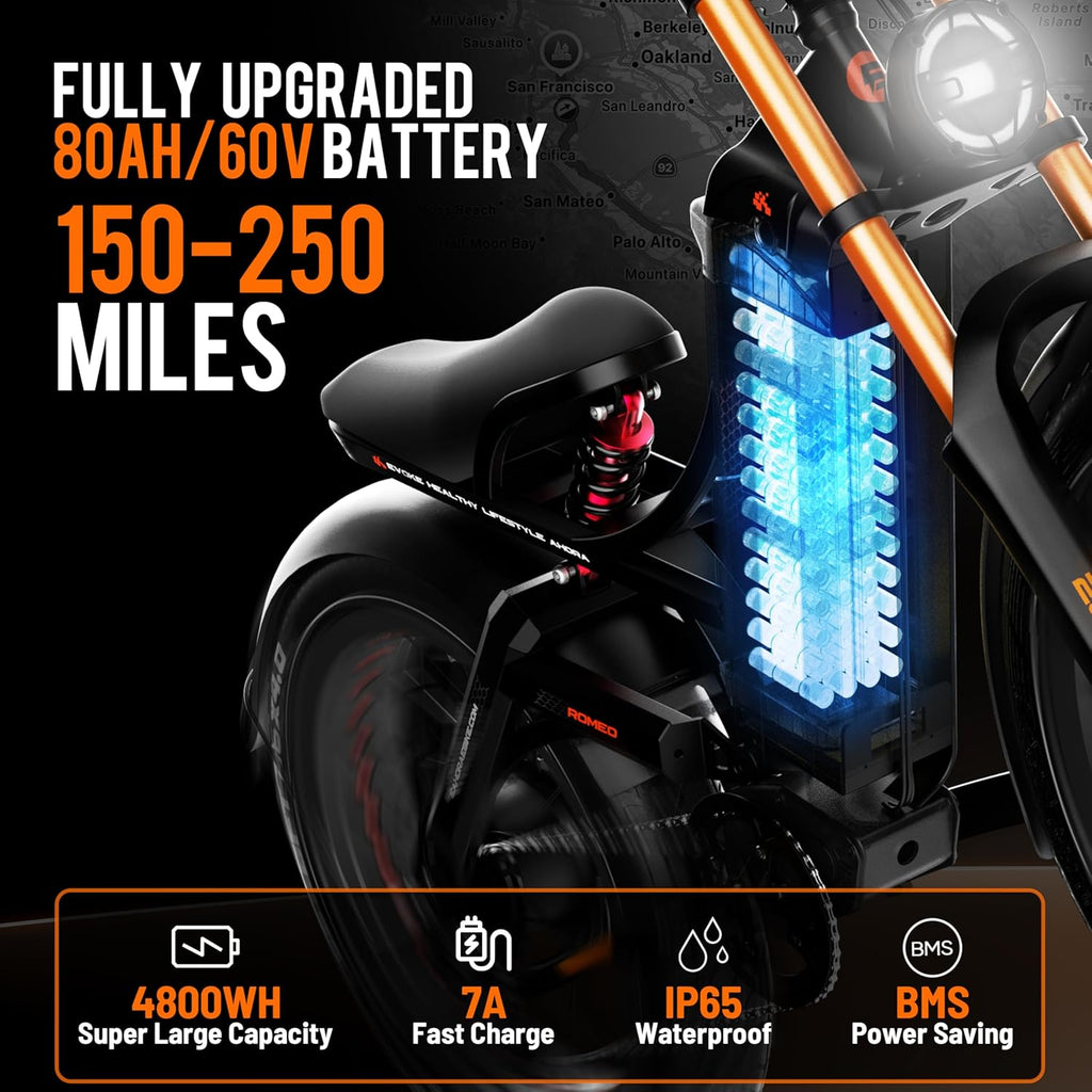 eAhora Romeo Pro 3 Peak 5600W Electric Bike for Adults Top Speeds Up To 50Mph, 60V 80Ah Battery 250 Miles, Long Range Dual Motors, Fat Tire Full Suspension