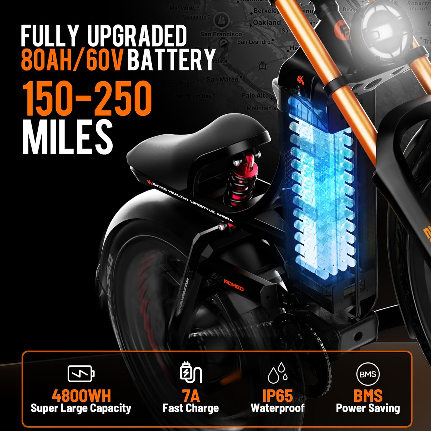 eAhora Romeo Pro 3 Peak 5600W Electric Bike for Adults Top Speeds Up To 50Mph, 60V 80Ah Battery 250 Miles, Long Range Dual Motors, Fat Tire Full Suspension