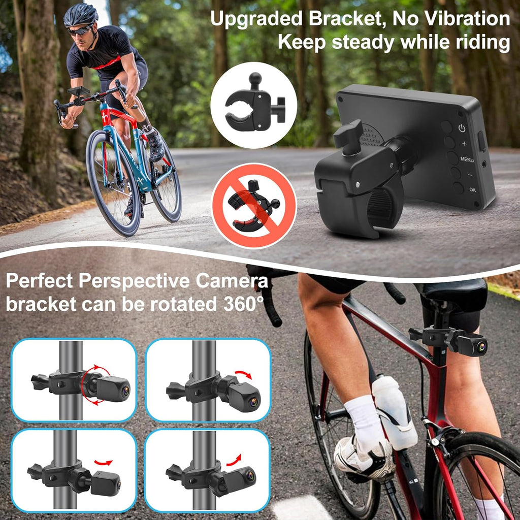 PARKVISION Bike Rear View Mirror, 1080P AHD Bicycle Rear View Camera with 4.3''Screen, 360°Rotatable Bracket, 5000mAh Battery Bike Handlebar Mirror with 110°Appropriate Angle for Most Bikes
