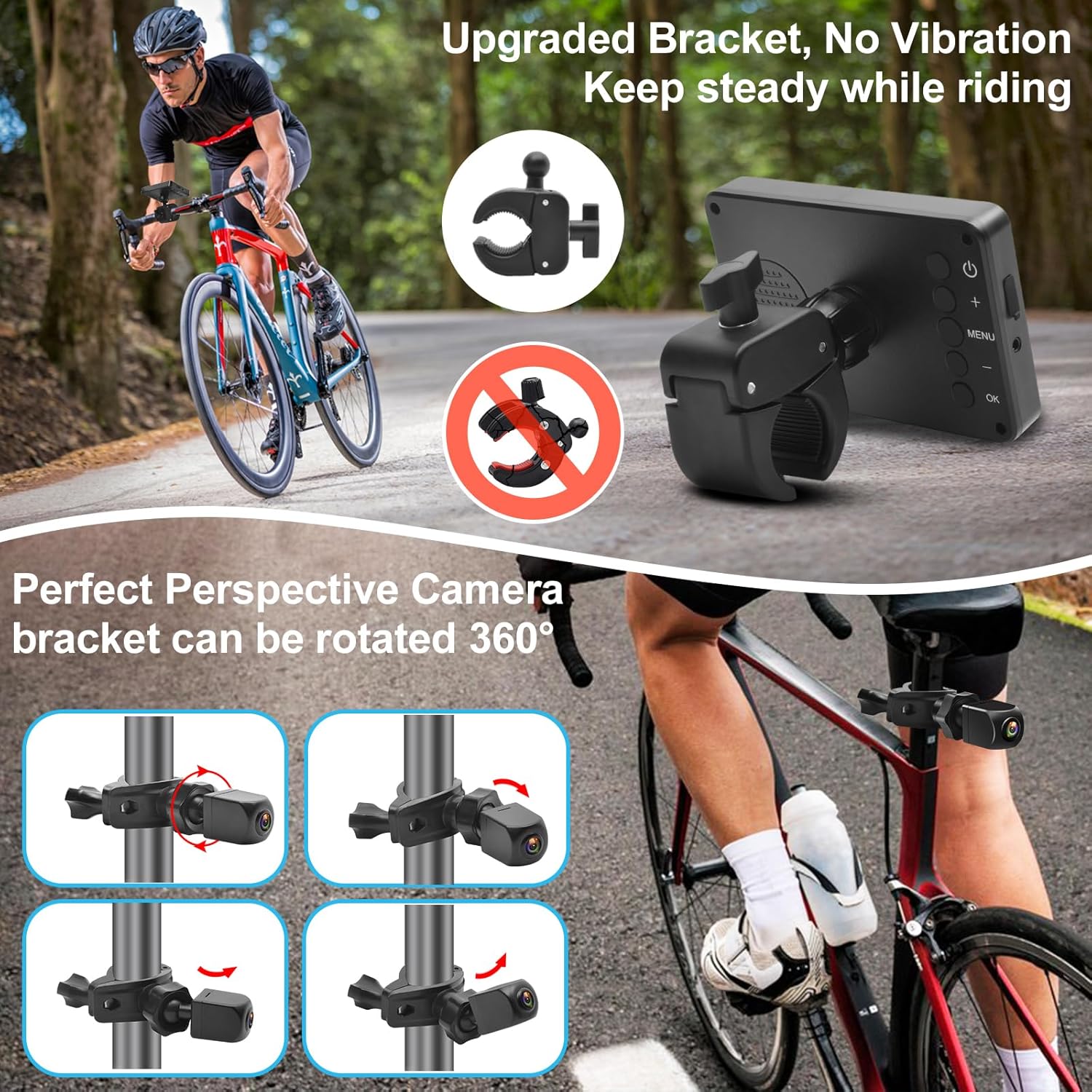 PARKVISION Bike Rear View Mirror, 1080P AHD Bicycle Rear View Camera with 4.3''Screen, 360°Rotatable Bracket, 5000mAh Battery Bike Handlebar Mirror with 110°Appropriate Angle for Most Bikes