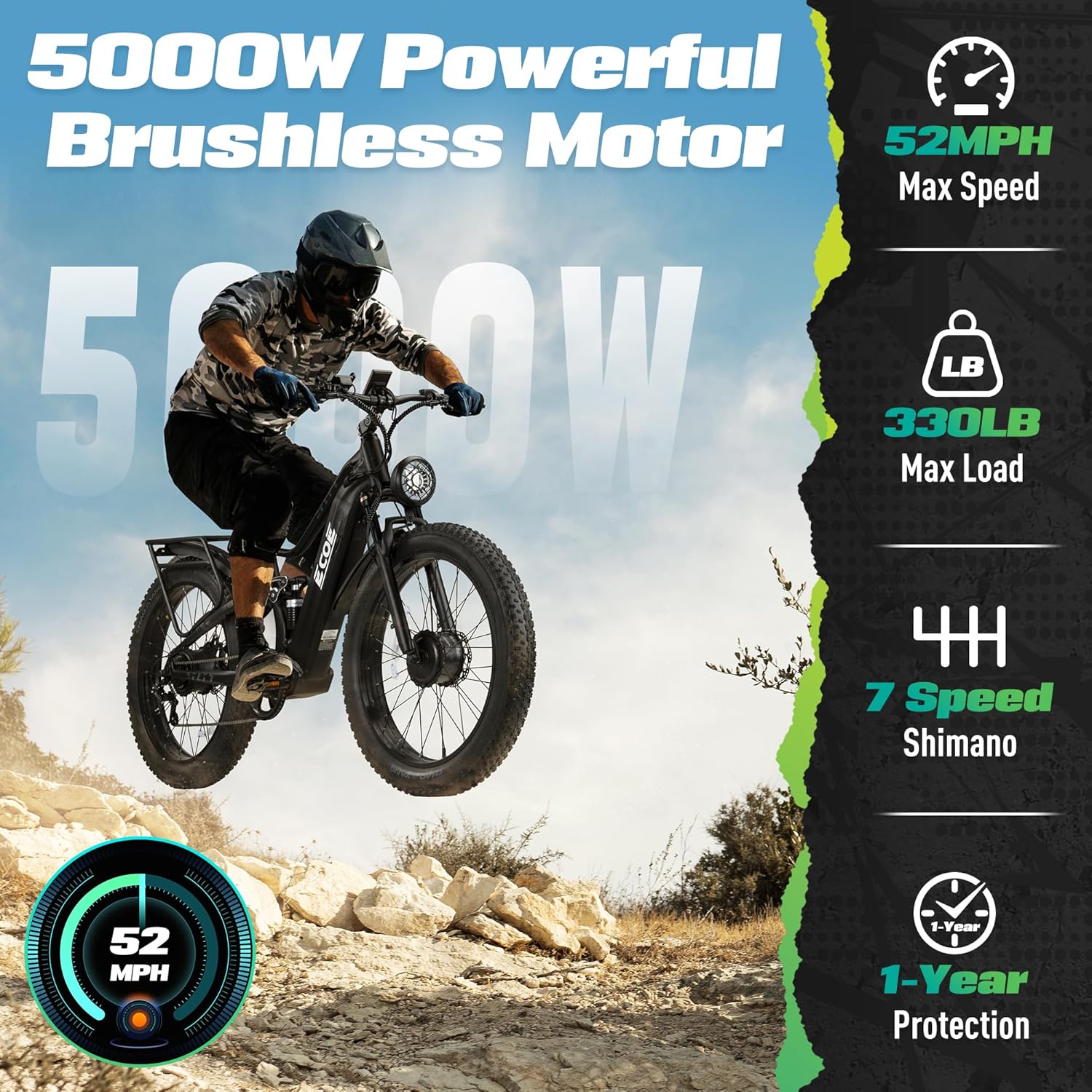 5000W Dual Motor Electric Bike for Adults 52MPH with 60V 32AH Battery, 26x4 Fat Tire All Terrain Ebikes, Full Suspension E Bike, SHM 7-Speed Gear Electric Bicycle(63v) (63V-Z)