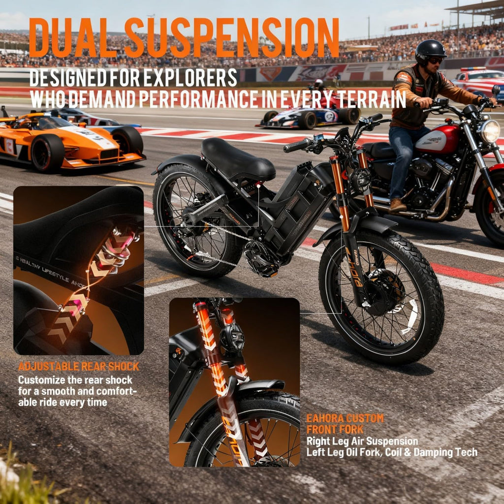 eAhora Romeo Pro 3 Peak 5600W Electric Bike for Adults Top Speeds Up To 50Mph, 60V 80Ah Battery 250 Miles, Long Range Dual Motors, Fat Tire Full Suspension