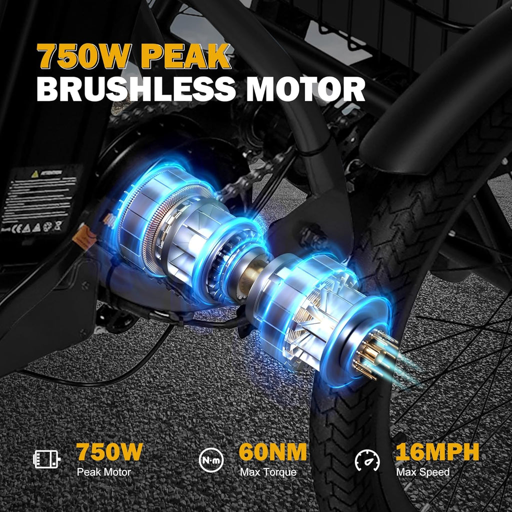 Qlife Triker Electric Bike, Peak 750W Brushless Motor Folding Trike Ebike, 468Wh Removable Battery, Step-Thru 3 Wheel Electric Bicycle, Up to 50 Miles, 20 Tire Tricycle for Adults