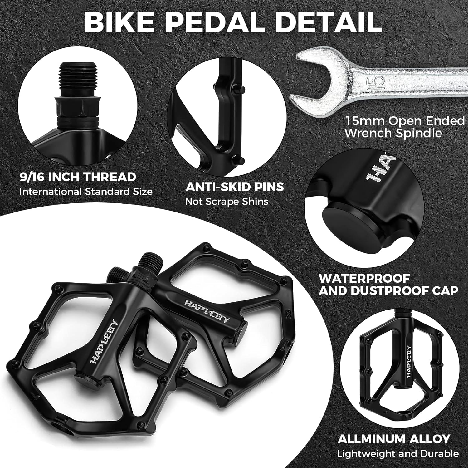 Hapleby Premium Bike Pedals of 9/16 Inch, Professional Mountain and Road Bike Flat Pedal with 2 Sealed Bearings, Wide Paltform and Lightweight of Bicycle Pedals, Come with Pedal Wrench 1PCS
