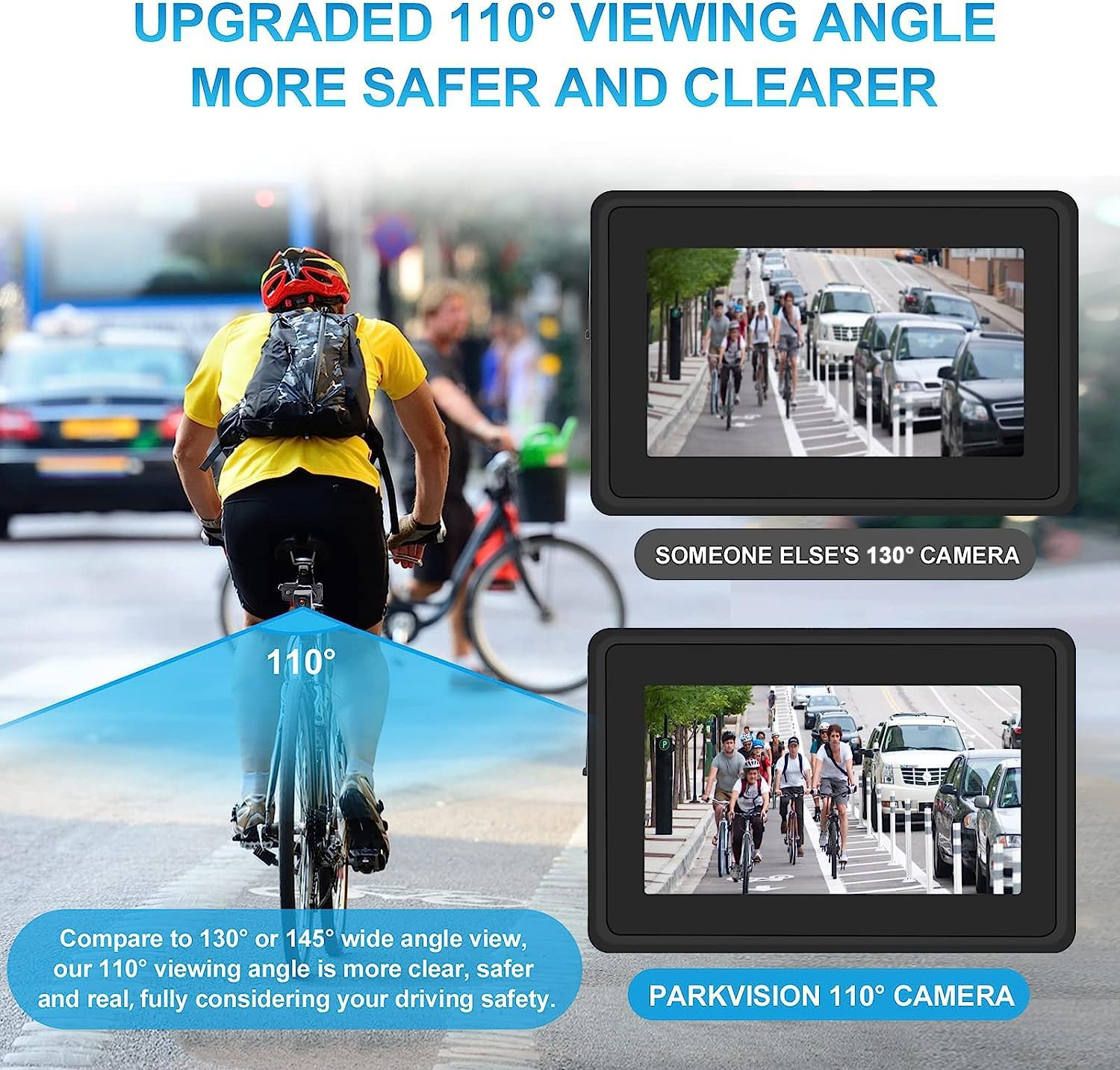 PARKVISION Bike Rear View Mirror, 1080P AHD Bicycle Rear View Camera with 4.3''Screen, 360°Rotatable Bracket, 5000mAh Battery Bike Handlebar Mirror with 110°Appropriate Angle for Most Bikes