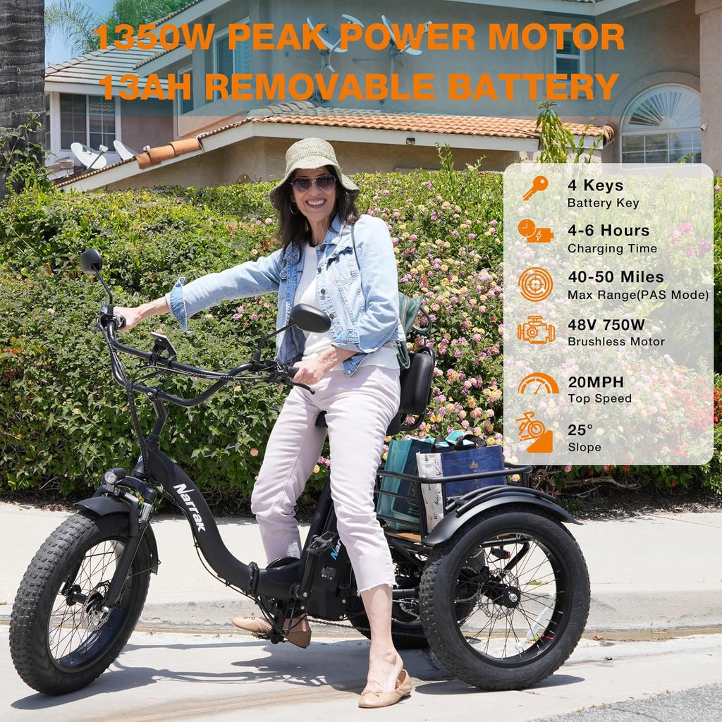 Electric Tricycle for Adults, 750W(Peak 1350W), 48V13Ah Ebike, 20"x4.0" Aluminum Folding Fat Tire 3 Wheel Electric Trike, Max 20MPH Hydraulic Brake, Rear Motor Differential