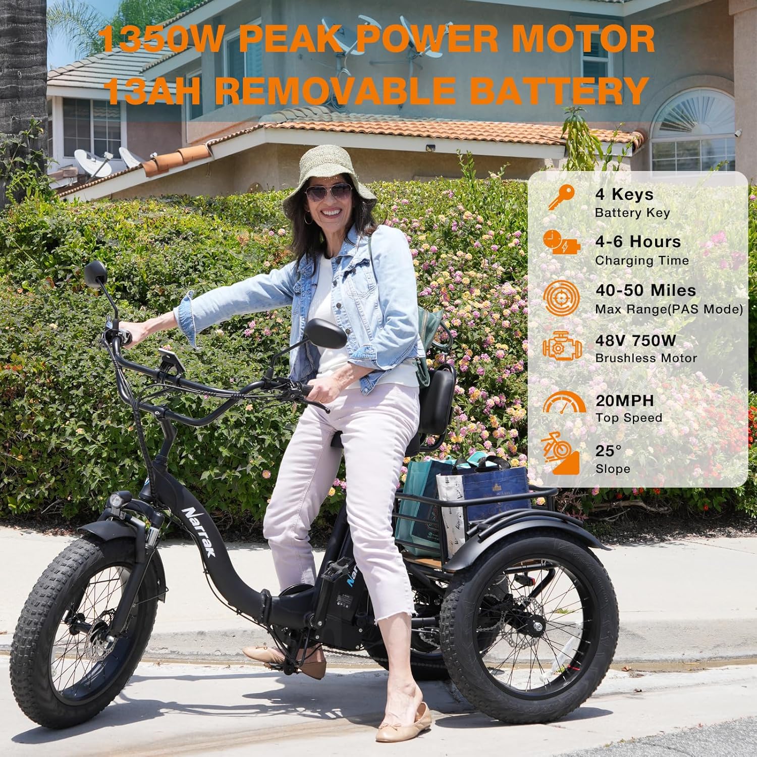 Electric Tricycle for Adults, 750W(Peak 1350W), 48V13Ah Ebike, 20"x4.0" Aluminum Folding Fat Tire 3 Wheel Electric Trike, Max 20MPH Hydraulic Brake, Rear Motor Differential