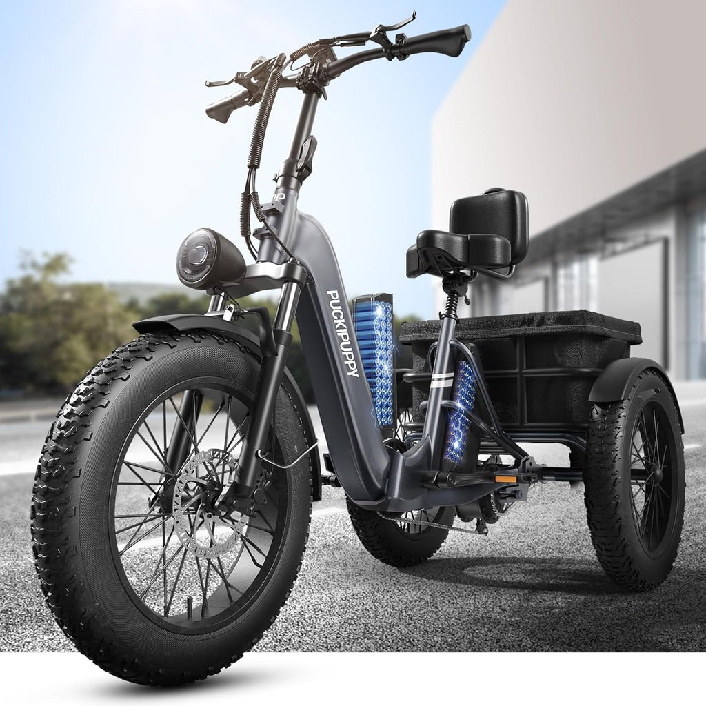 Dual Battery Electric Tricycle with 110-Mile High Range, 960W Peak Motor Pickup Class Trike, 500lb Load Capacity, 20'' Fat Tires and Large Basket for City and Mountain Trails, Husky Plus