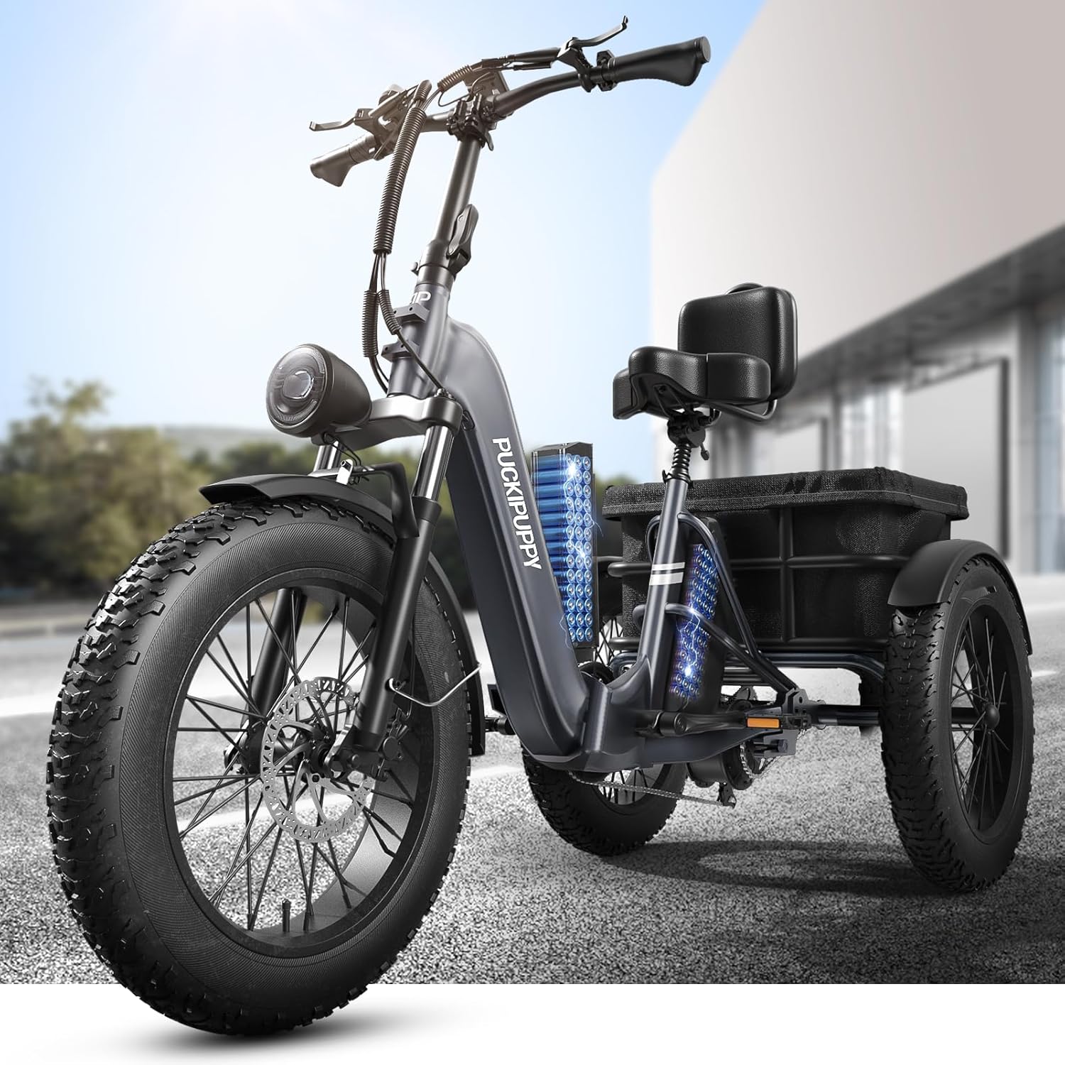 Dual Battery Electric Tricycle with 110-Mile High Range, 960W Peak Motor Pickup Class Trike, 500lb Load Capacity, 20'' Fat Tires and Large Basket for City and Mountain Trails, Husky Plus