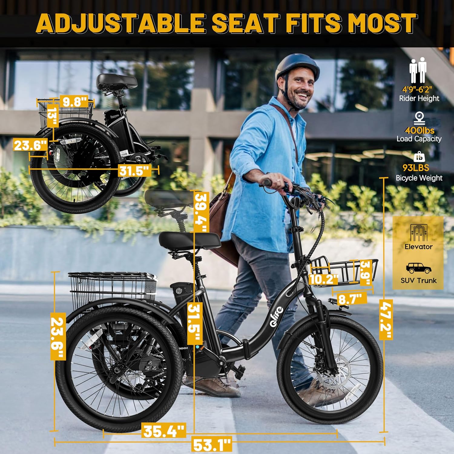 Qlife Triker Electric Bike, Peak 750W Brushless Motor Folding Trike Ebike, 468Wh Removable Battery, Step-Thru 3 Wheel Electric Bicycle, Up to 50 Miles, 20 Tire Tricycle for Adults